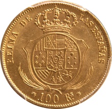 1859 Spanish 100 Reales Gold Coin Isabel II Barcelona PCGS MS62