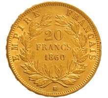 1860 French 20 Francs Gold Coin Napoleon III Bare Head BB