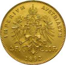 Austrian 10 Francs 4 Florins Gold Coin