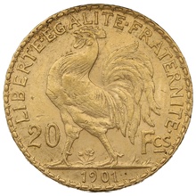 1901 French 20 Francs Gold Coin Marianne Rooster