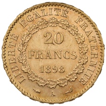 1898 French 20 Francs Gold Coin Guardian Angel A