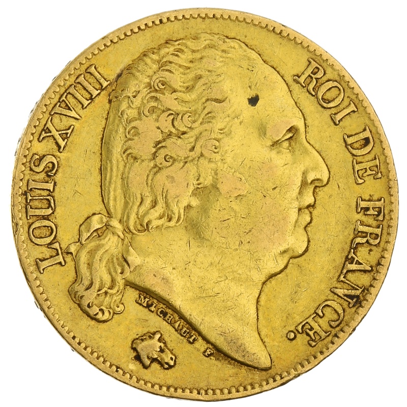 1819 French 20 Francs Gold Coin Louis XVIII Bare Head A