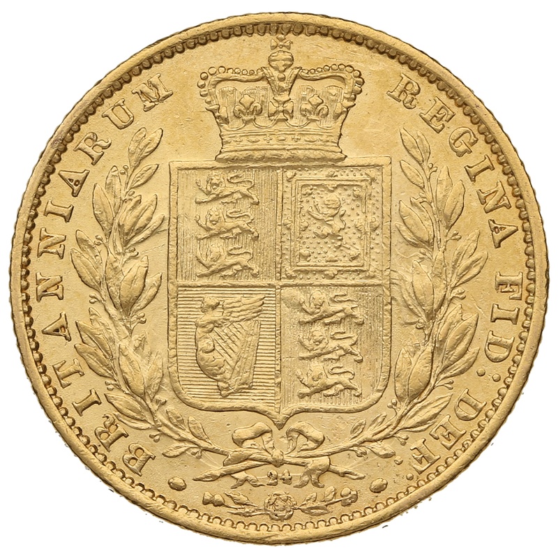 1865 Gold Sovereign Coin Queen Victoria Young Head Shield Back