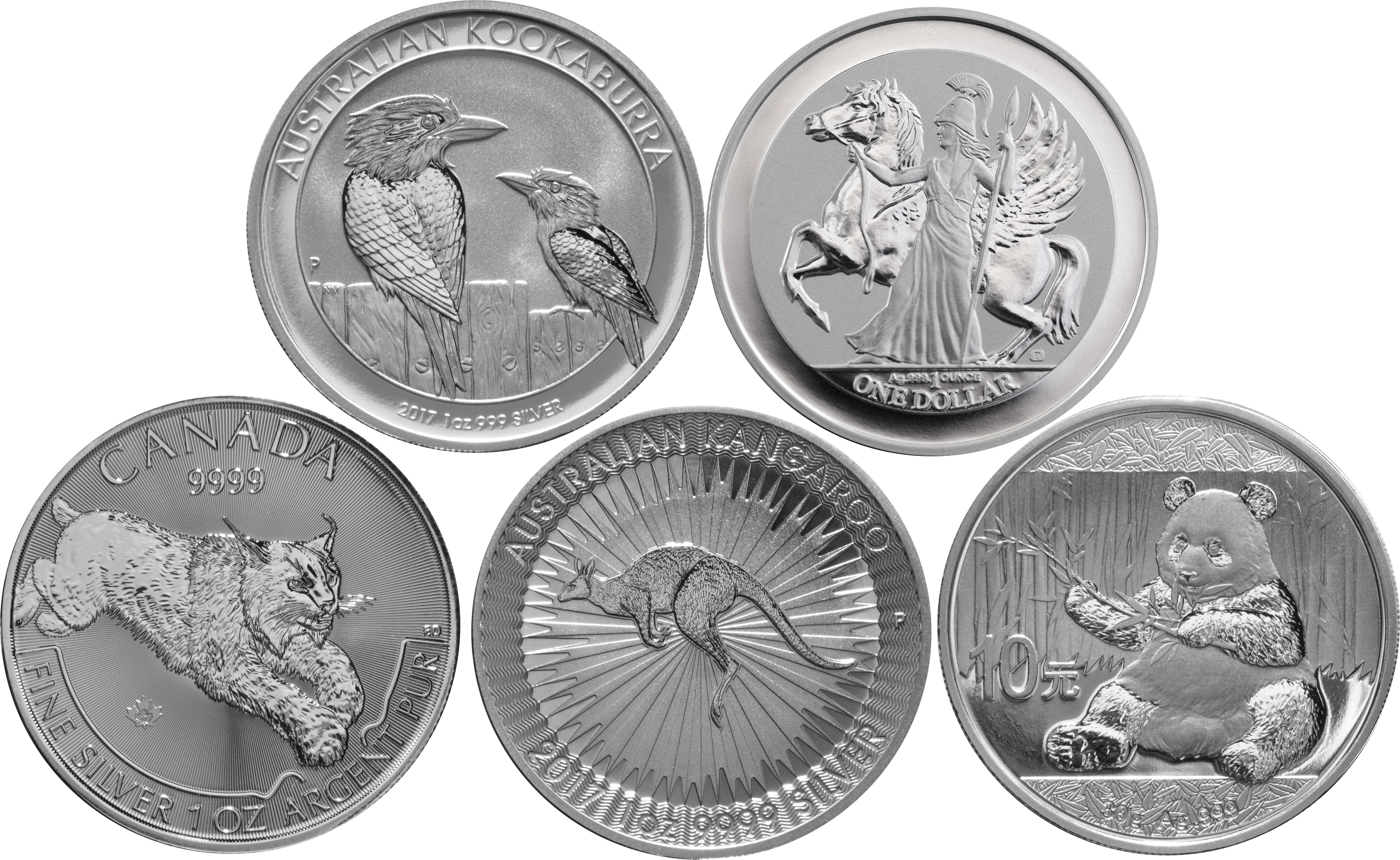 2017 PREMIUM Silver Five Coin Set; Kookaburra, Pegasus, Lynx, Kangaroo, Panda