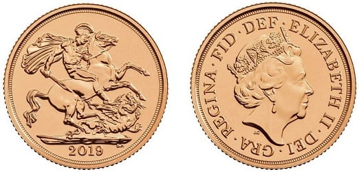 A 2019 Royal Mint bullion Sovereign coin.