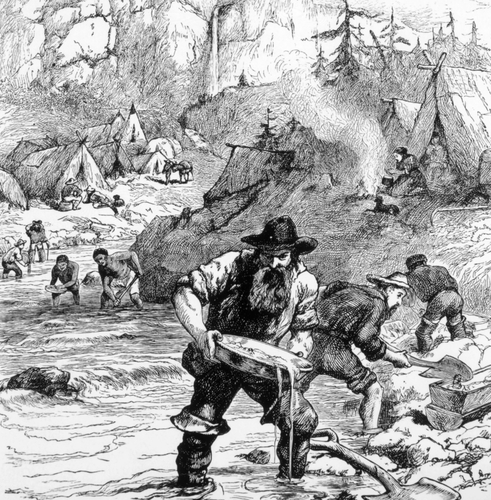 Gold rush prospectors panning for gold in California.