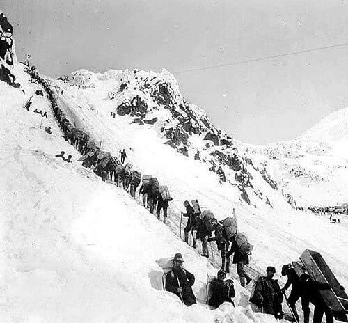 Prospectors travelling up Chilkoot Pass, one of the two popular routes used to reach the Yukon territory.