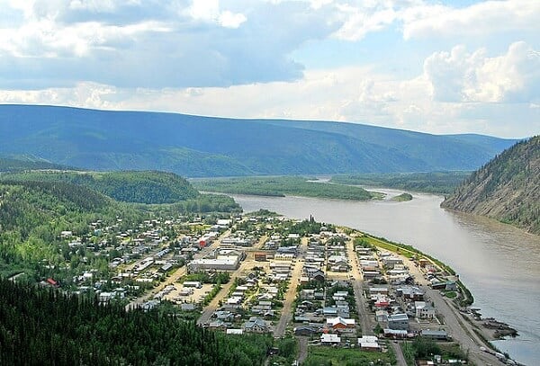 An aerial photo of Dawson City today, once the centre of the Klondike gold rush.