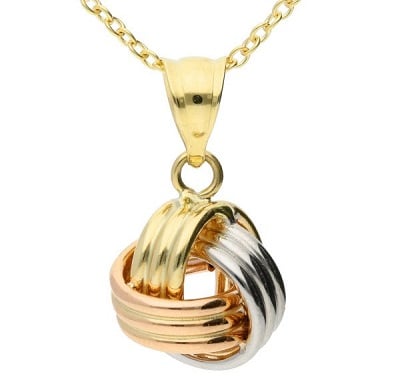 Multiple gold alloys in a knot pendant.