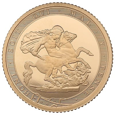 A 2017 Proof Sovereign featuring the phrase honi soit qui mal y pense.