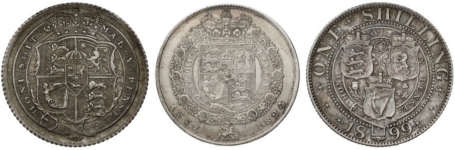 Three coins that feature the phrase honi soit qui mal y pense.