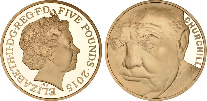 The 2015 gold £5 proof coin for the 50th anniversary of the death of Sir Winston Churchill.