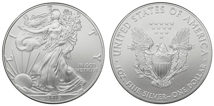 2019 Silver Eagle coin, with no 'head' but a symbol for the obverse.