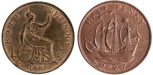 The change in design of the half penny coin.