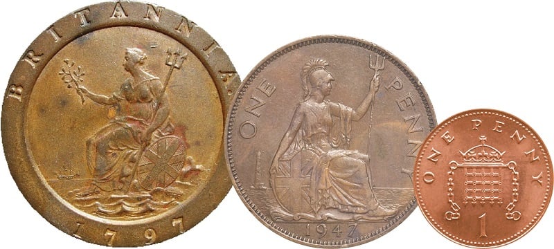 An old cartwheel penny in scale with traditional penny and decimal penny.
