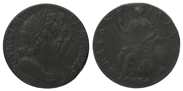 An old copper penny from the reign of William and Mary.