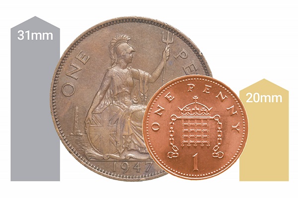 Comparison of old UK penny coins versus the current UK coin.