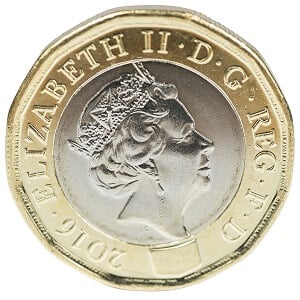 The current 12-sided pound coin with the initials D.G for Dei Gratia.