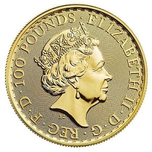 A gold Britannia coin with D.G.REG stamped on the obverse for Dei Gratia Regina.