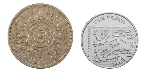 The pre-decimal two shilling coin and the decimal replacement 10p coin.
