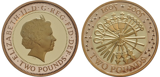 The 1605 to 2005 £2 gold proof coin.