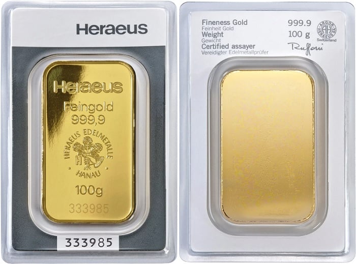 Gold bars produced by Heraeus with the Argor-Heraeus logo on the packaging.