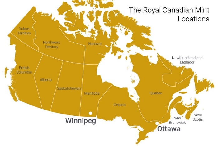 A map of Canada with the two mint offices denoted.