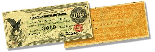 An 1863 $100 US gold certificate.