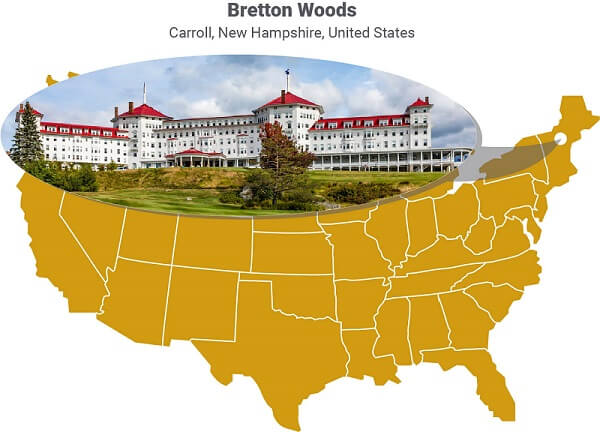 A map showing the location of Bretton Woods, where the financial system was agreed.