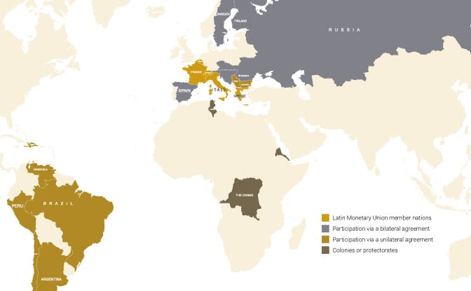 Map of the Latin Monetary Union's members.
