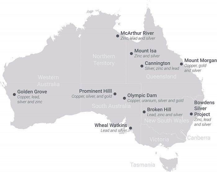Map of Australia's silver mines.