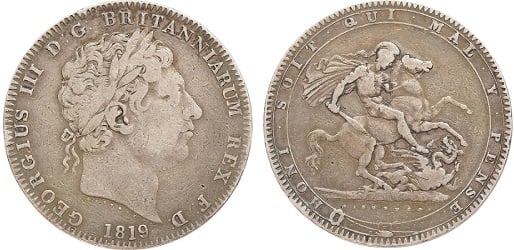 An 1819 silver Crown coin, sometimes mistaken for a silver Sovereign.