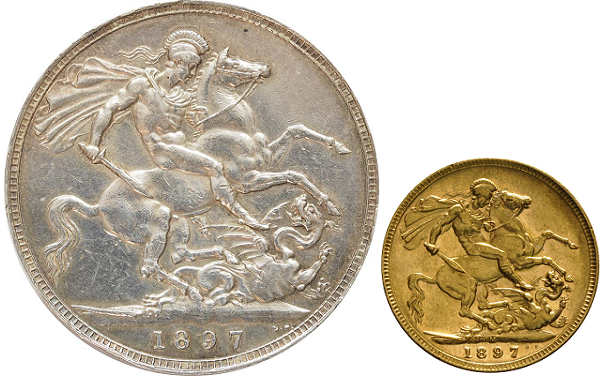 A comparison between an 1897 silver Crown and an 1897 gold Sovereign.